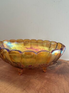 Amber Carnival Glass Large Footed Fruit Bowl Harvest Grape Vintage marigold